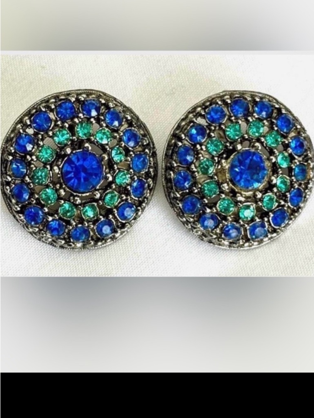 Clip On Rhinestone Earrings Blue Teal Cluster Silver Tone Vintage